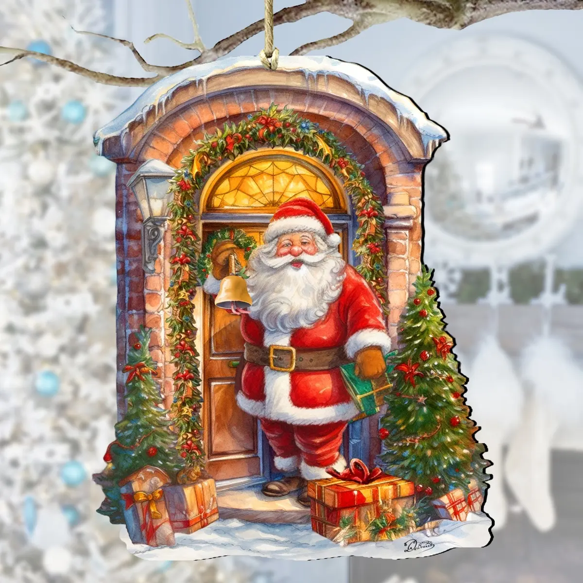 Designocracy 8611044 Handmade Artistic Square Sturdy Wooden Christmas Ornaments - 5x5.5x0.25in Knocking Door Santa,Snowman,UV Coating,Weather Resistant Festive Home Decoration,Gift Bag-Fit Holiday Collectible