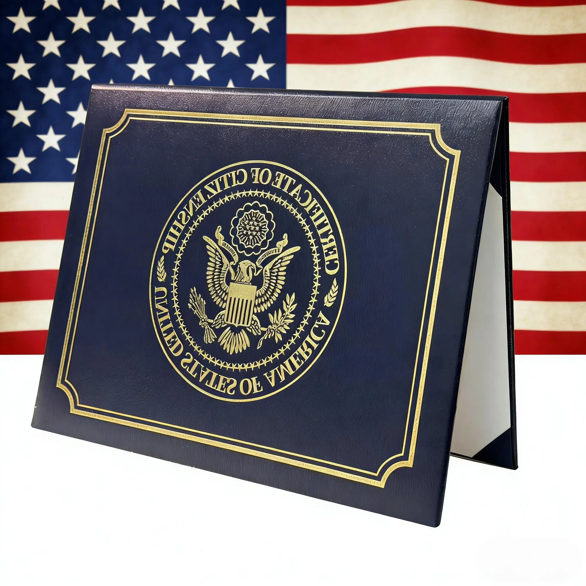 US Citizenship Certificate Holder - Navy Faux Leather Naturalization Cover, Gold Foil Embossing, Padded Inner, Security Focus, Dustproof, Durable, Tailored Fit for 2018-2026 Standard Size Certificates, Premium Textured Protector