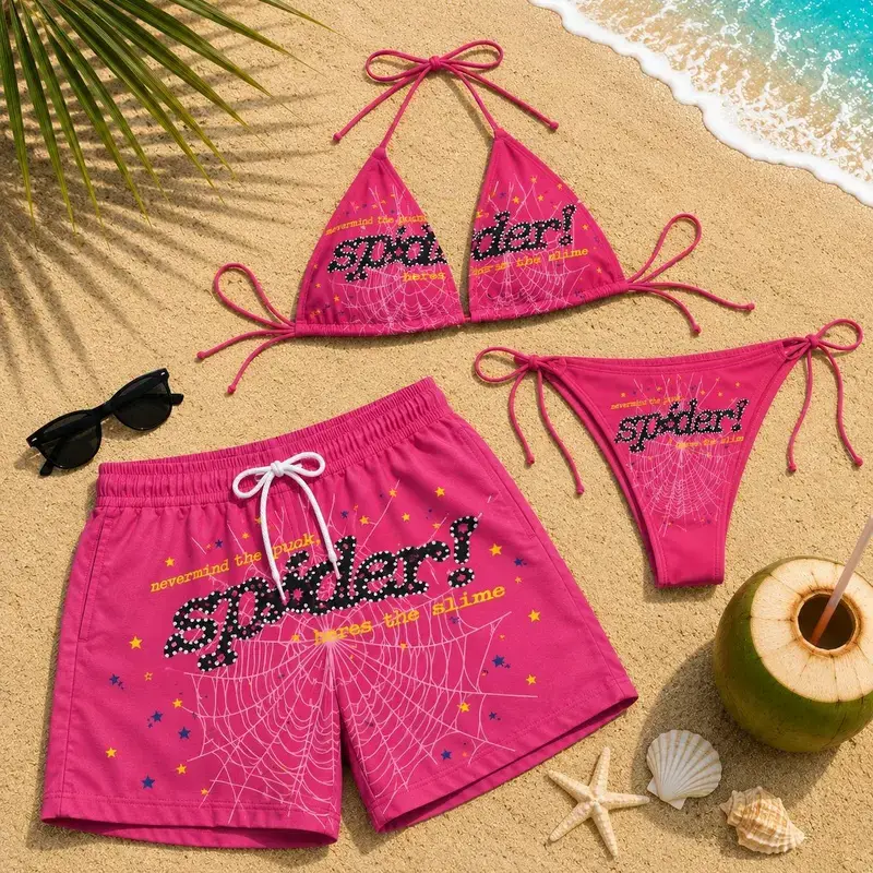 Y2K Spider Web Couple Swimsuit Set – Hot Pink String Bikini for Women & Men's Beach Swim Trunks, Matching Vacation Pool Party Outfit
