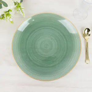 20 Pack Economy Plastic Charger Plates 13" – Transparent Dusty Sage Green Swirl Design with Gold Rim, Stylish Table Chargers
