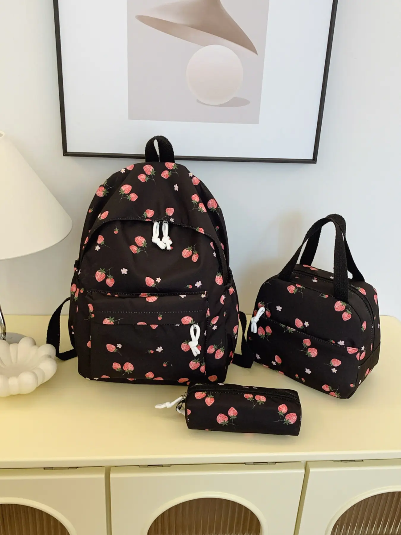 Japanese-Style Black Strawberry All-Over Print Backpack 3-Piece Set Weight-Reducing Spine-Protecting Student Casual Printed Backpack, Tote Bag & Pencil Case School Set New Arrival
