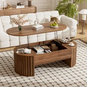 47.2'' Hydraulic Lift Top MDF Wood Coffee Table - Oval Form with Wavy Groove, Hidden Compartment, Partially Assembled Modern Center Table for Home Living Room