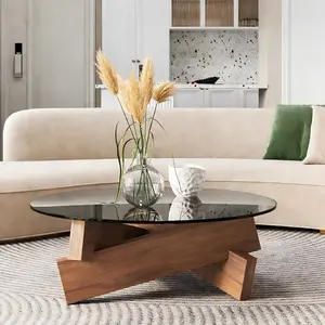 Mid-Century Modern Triangle Glass Coffee Table - Irregular Wooden Base, Abstract Design, 31.5x31.5x12.2in Indoor Living Room Furniture for Home, Office