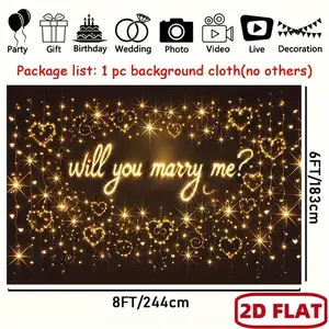 1pc 2D Flat Banner, Sparkling "Will You Marry Me?" Proposal Backdrop - Golden Star & Heart Design, Polyester Photography Background Banner for Indoor/Outdoor Decor, Perfect for Parties, Birthda