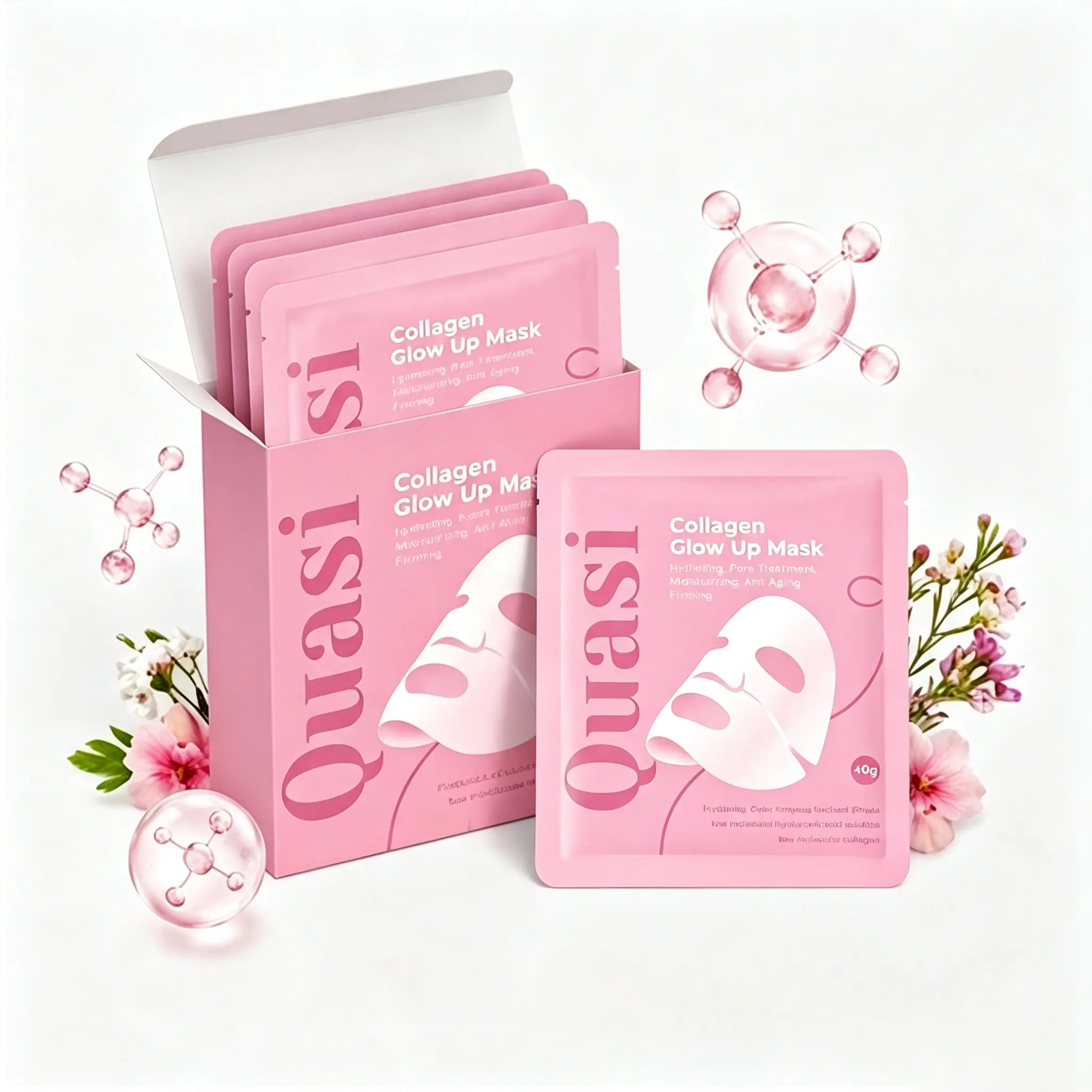 Quasi Collagen Glow Up Mask 2.0, Quasi BioCollagen Face Mask, Firm Skin Deep HydratingMasks for Wrinkle Reduction and PoreMinimization - Glow like Glass Skin (1 Box × 4Pcs)
