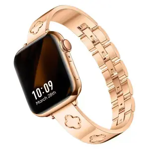 Luxury Clover Apple Watch Band for Women, Stainless Steel Metal Link Bracelet Strap Compatible with iWatch Series 10 9 8 7 6 5 4 SE Ultra, Fashion Lucky Four Leaf Clover Wristband for 38mm 40mm 41mm 42mm 44mm 45mm 49mm