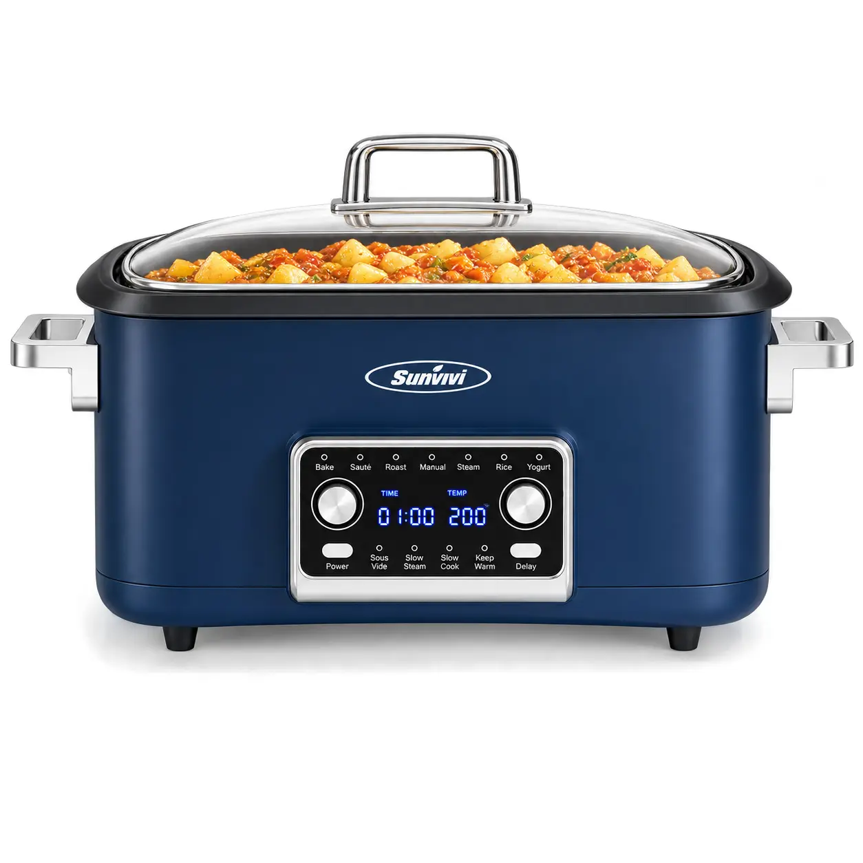 Sunvivi 8 Qt Stainless Steel Multifunction Cooker - 12-in-1 Programmable 8qt Family Batch Rice/Slow Cooker Appliance, Digital Timer, Temp Control, Auto Shut Off, 120v 60hz, Removable Cast Aluminum Pot, Dishwasher-Safe Lid, Blue Home Essential (13x20x12")