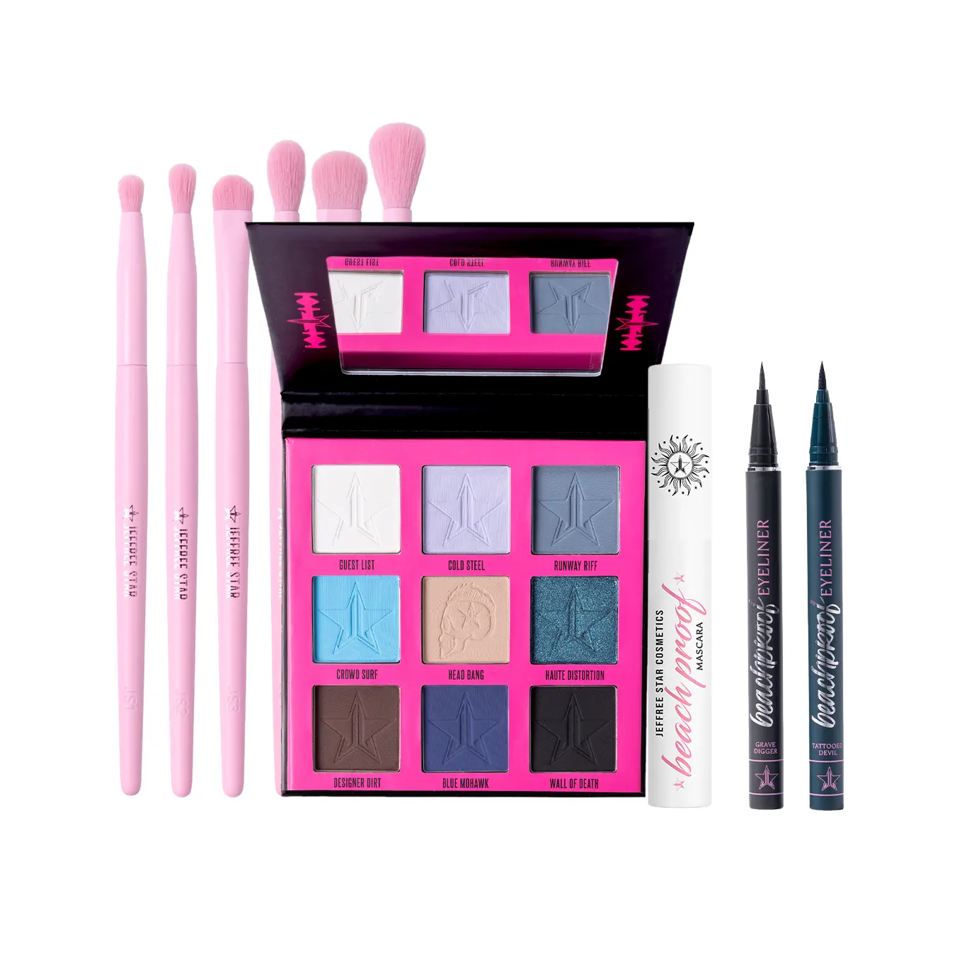 Heavy Metal Couture Artistry Bundle - 6PC Eye Brush Set, Heavy Metal Couture 9-Pan Palette, BeachProof Eyeliner 'Tattooed Devil' & 'Grave Digger', BeachProof Mascara 'Black'