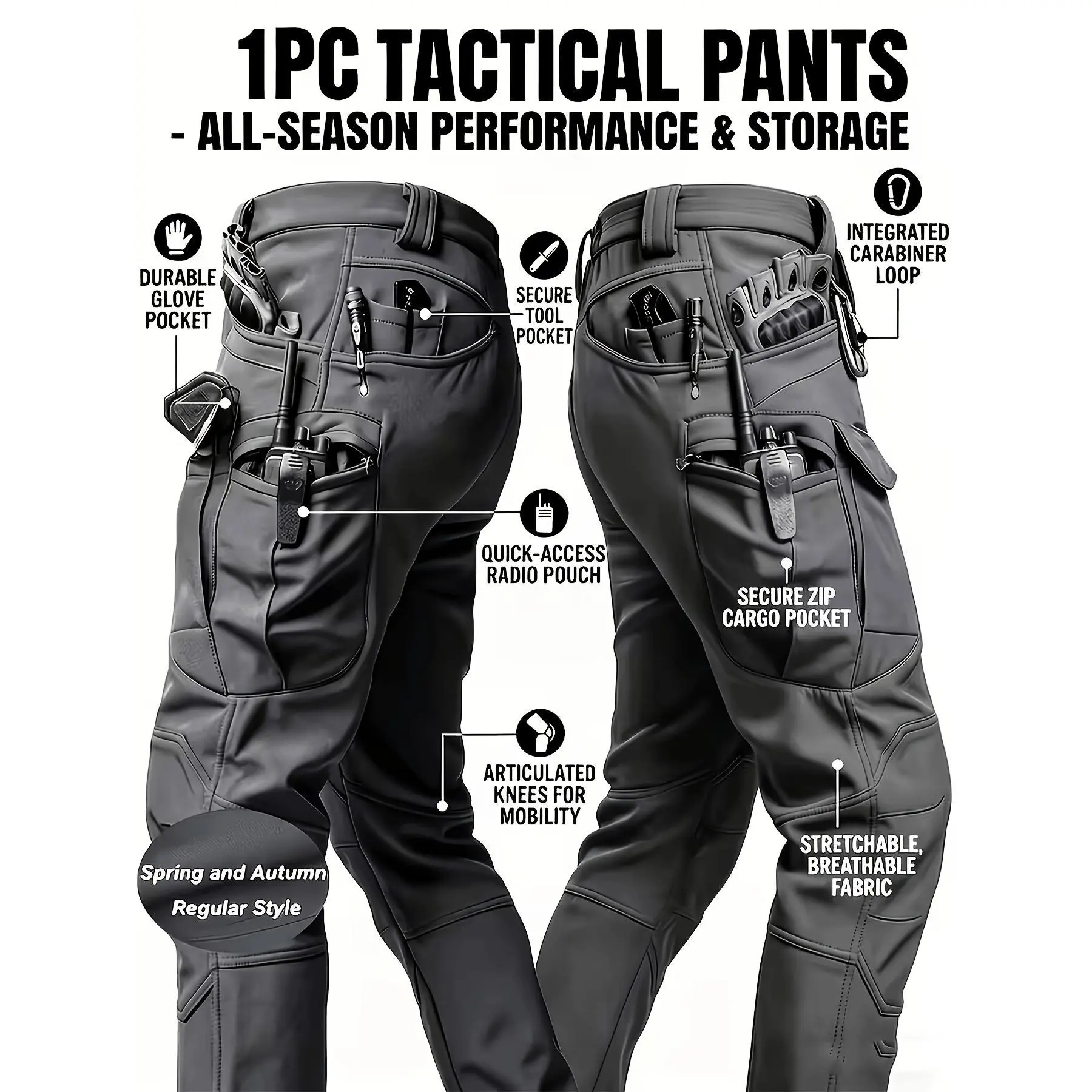 Men's Plain Heavy Duty Tactical Cargo Pants - Casual Menswear, Non-Stretch Fabric, Regular Fit, Rugged Military Style, Durable Utility Pocket Pants, With Belt, Spring & Autumn Outdoor Hiking Workwear