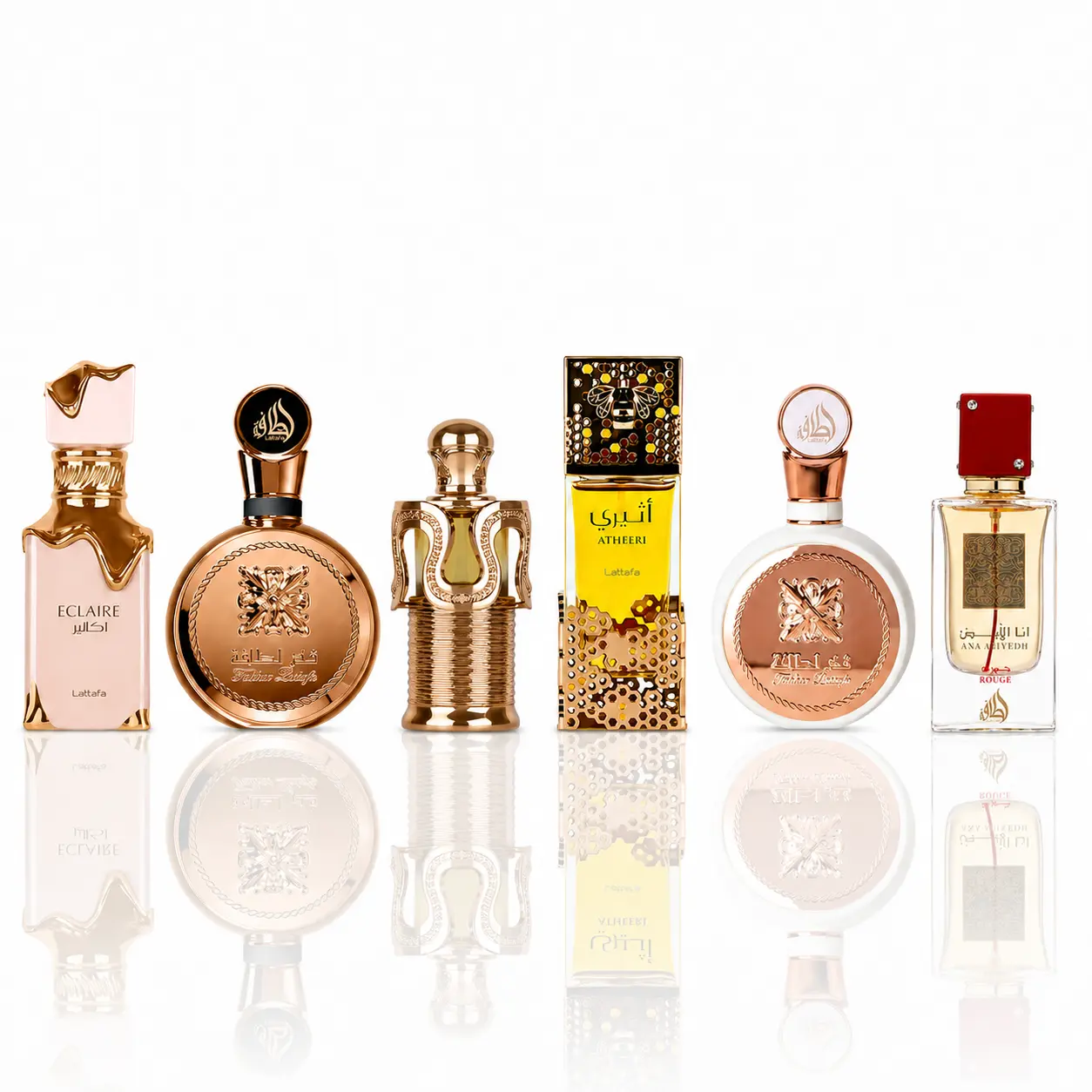 Eclaire + Fakhar Lattafa Extrait + Maitha + Atheeri + Fakhar Lattafa Women + Ana Abiyedh Rouge -- 6 piece bundle