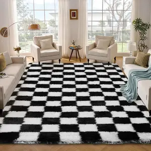 Fluffy Area Rugs for Living Room Bedroom, Washable Non-Slip Fluffy Soft Checkered Shag Carpet, Indoor Floor Fuzzy Shaggy Living Room Plush Rug for Kids Home Dorm Decor Aesthetic