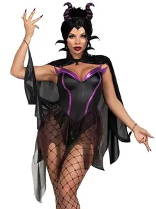 Maleficenta Inspired Costume with Snap-Crotch Bodysuit Holographic Skirt Cape and Horned Headband for Halloween and Villain-Themed Events