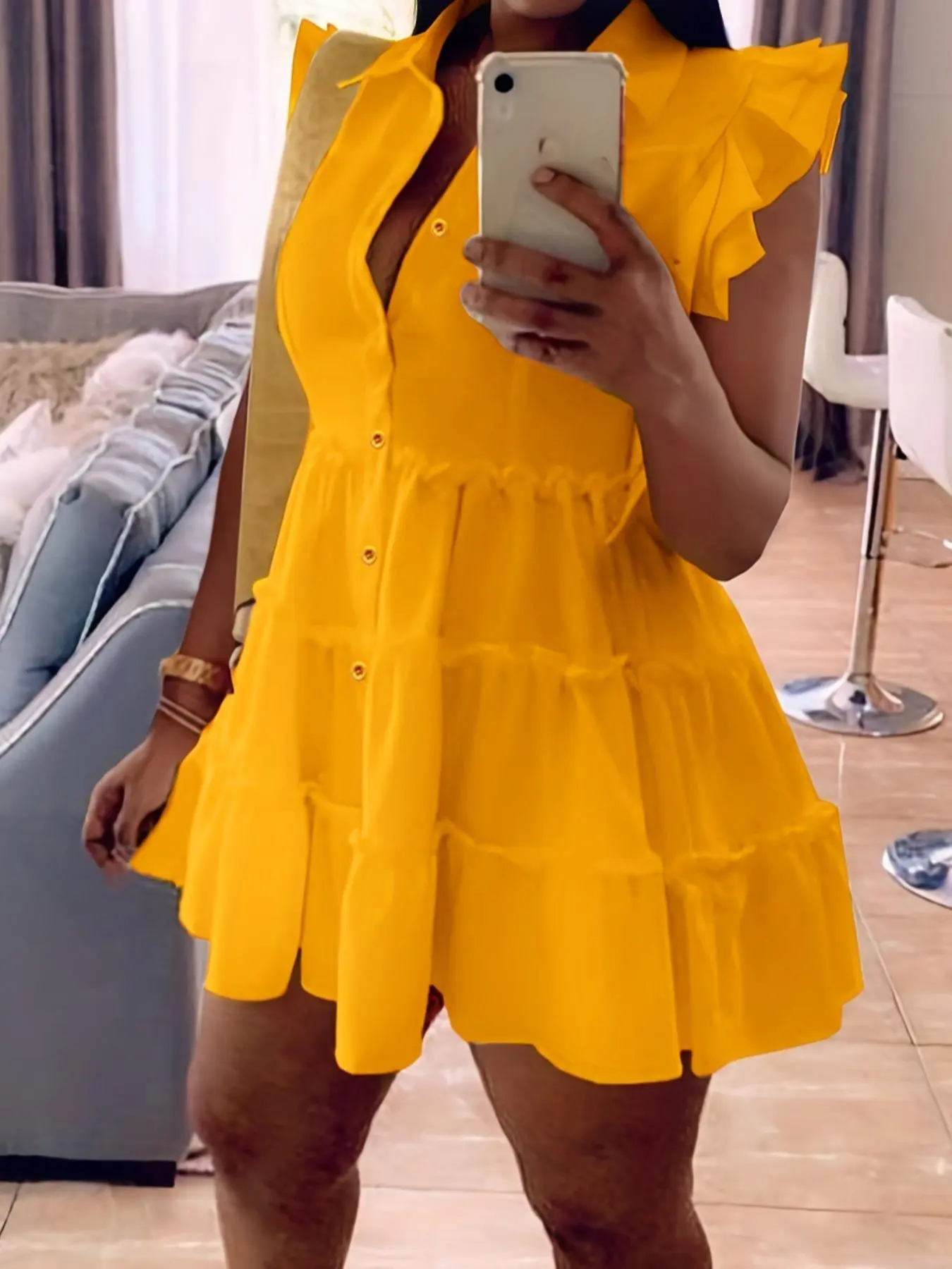 Women's simple patchwork multi-layered short dress, casual short-sleeved shirt collar single-button Collared dress, summer daily wear women's dress, Elegant, Style