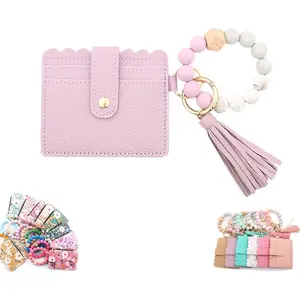 Women's Boho Beaded Wallet with Tassel – Small Credit Card Holder & Keychain Wristlet, Flower Pattern Bohemian Design