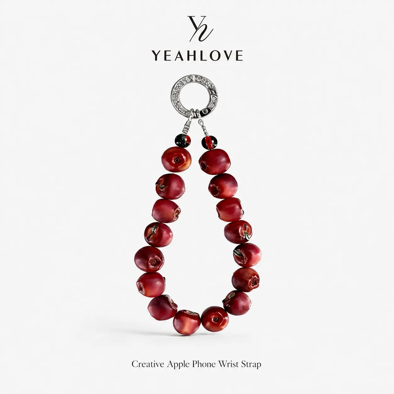 Red Apple Beaded Phone Wrist Strap Charm, Cute Fruit Phone Lanyard with Rhinestone Ring, Anti-Lost Phone Strap for iPhone & Smartphones