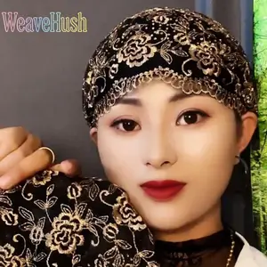 Women's 2026 New Lace Turban Hat with Rose Embroidery, Ethnic-Style All-Seasons Breathable Soft Lightweight Gray Hair-Covering Beanie, Muslim Hijab Bonnet for Daily & Religious Wear