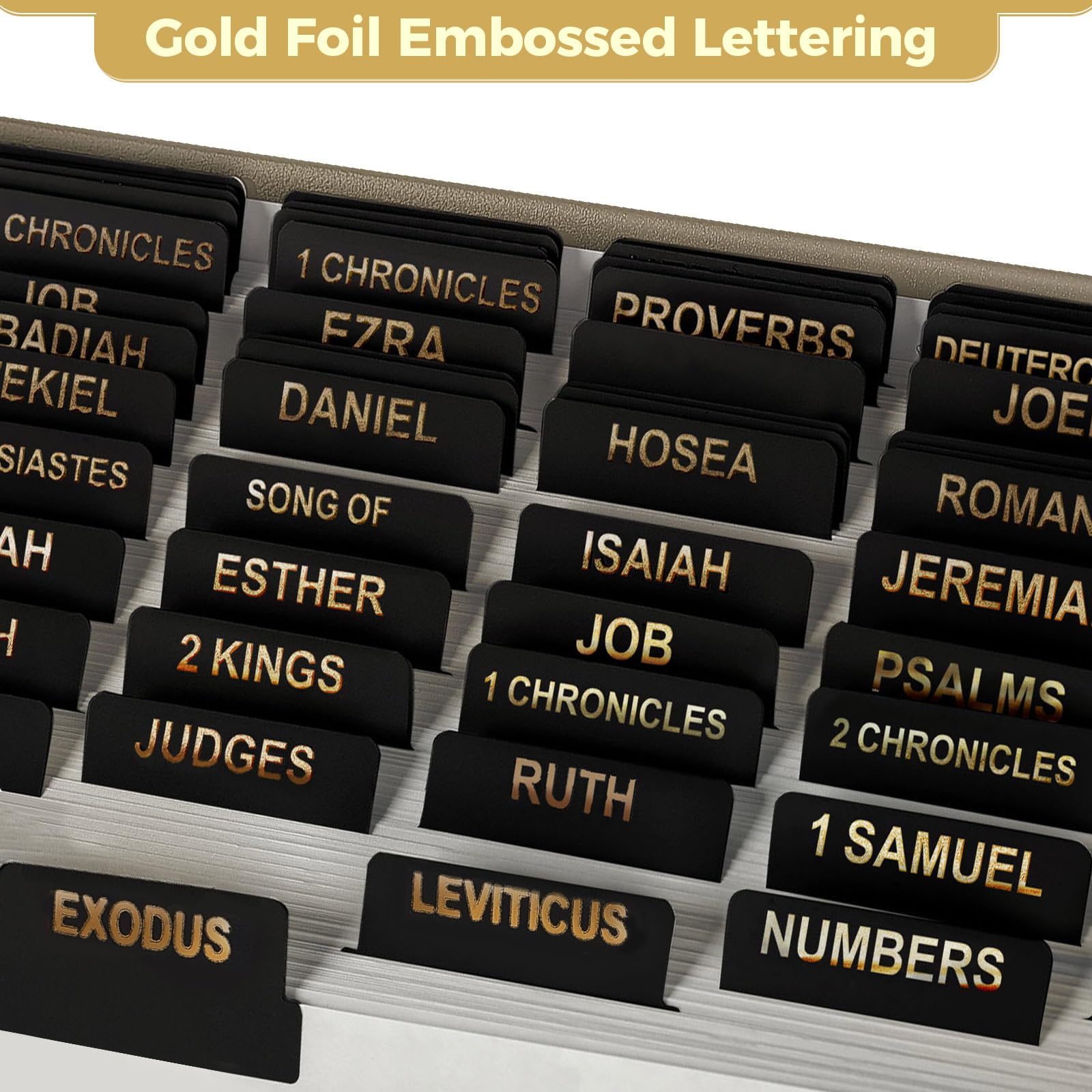 SKYDUE 100 Laminated Gold Foil Bible Tabs, Large Print Bold Text Durable Repositionable Easy-to-Apply Index Dividers for New & Old Testament, Elegant Family Gift for All Ages (Office Stationery)