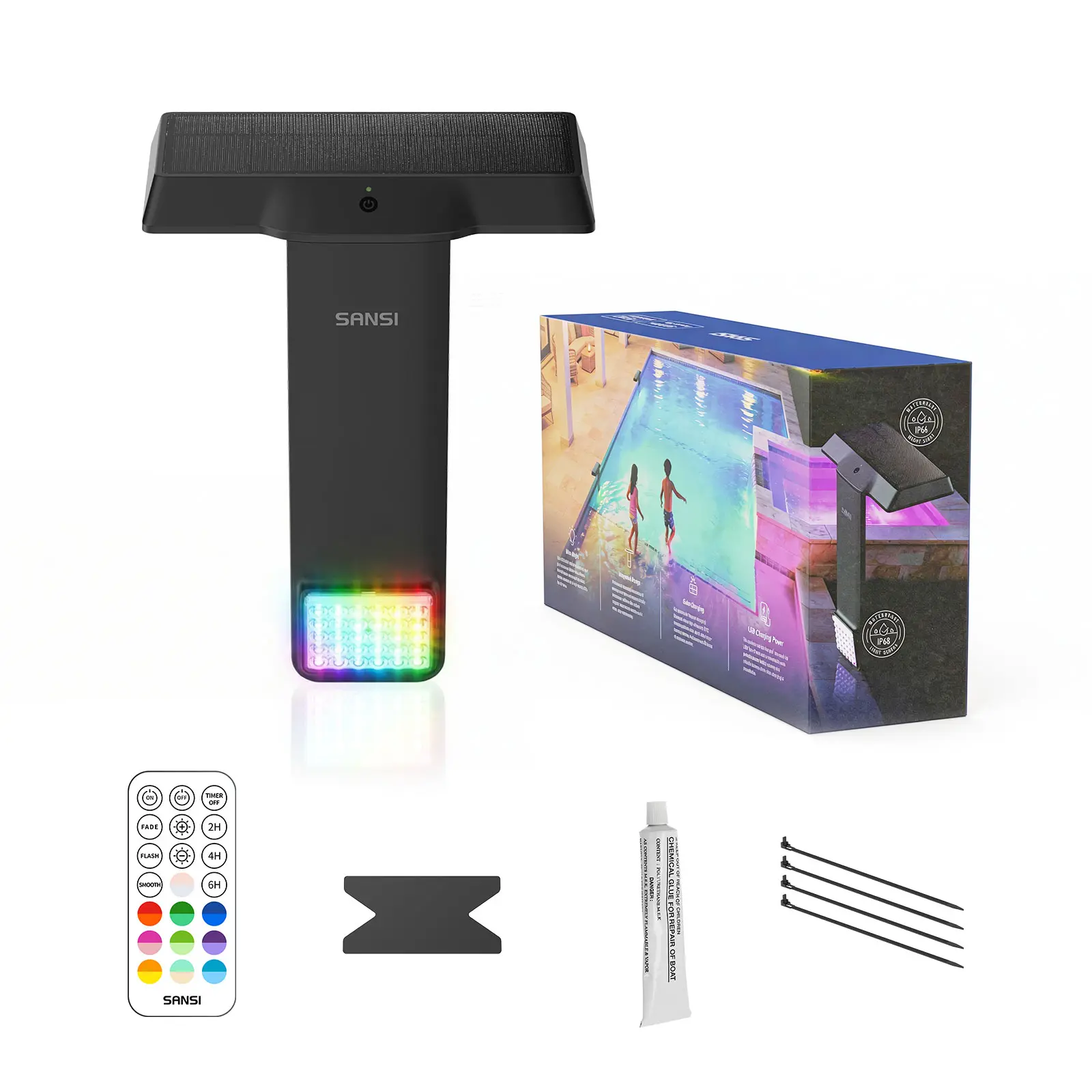 SANSI Solar Poolside RGB LED Outdoor Lamp - Rechargeable IP68 Waterproof Pool Lights, Solar Smart Light with Remote, 20 Colors, 4 Modes, 5 Brightness Levels for Inground & Above Ground Pools, Outdoor Garden Lighting