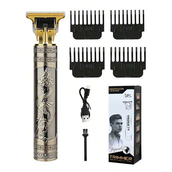Professional Men's Hair Clipper & Trimmer Single Unit - Cordless USB Rechargeable, Precise Trim Beard Trimmer with 4 Detachable Combs, Low Noise, Quick Charge, Dragon Design Grooming Kit for Home/Salon Use, Detachable Comb