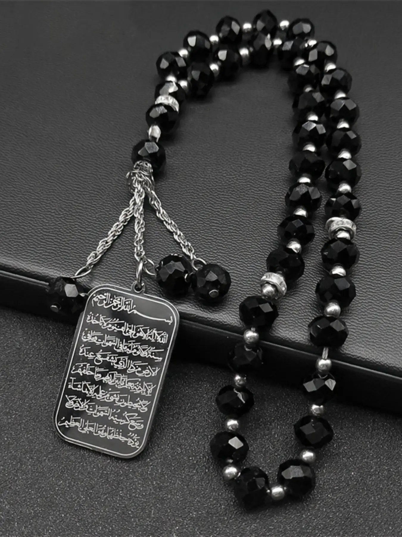 Stainless Steel Arabic Medal Crystal Beaded Bracelet, Handheld Counting Prayer Beads, Elegant Pearl String Jewelry