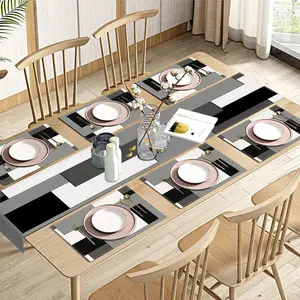 Black Grey Table Runner and Placemats Set of 6, Geometric Painting Art Dining for Daily Use(1 Table Runner 72 inches Long and 6 Placemats)