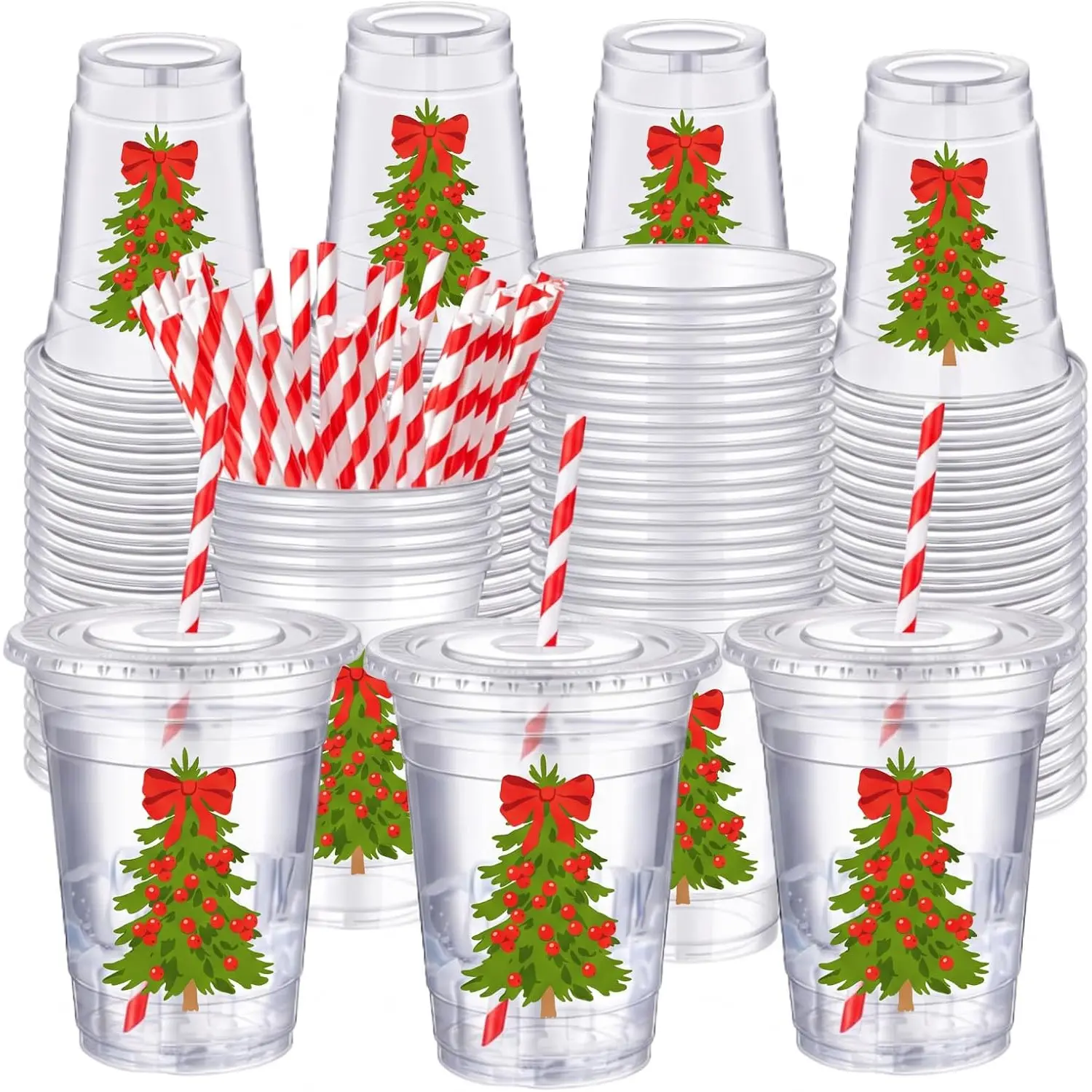 50 Pcs Red Christmas Tree Disposable Cups 16 oz with Lids Straws Plastic Tumblers with Bow Decor, Xmas Party Supplies for Gender Reveal Baby Shower Birthday, Coquette Style Bulk Drinkware