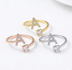 Women's Adjustable 26 Initial Letter Ring, Crystal Small Diamond Alloy Ring, Letter Accent Status Badge Gold-Silver Statement Personalized Jewelry Gift, Alloy Rings, Letter Accent Rings