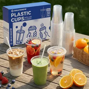 50 Pack 12–24oz Clear PET Cups with Lids & Straws | BPA-Free Iced Coffee & Party Cups Bulk Set