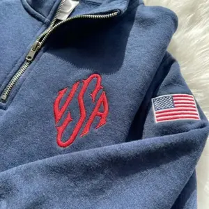 Custom Initials Monogram Embroidered Quarter Zip, USA 250th Anniversity Sweatshirt, Old Monogram Quarter Zip Shirt, Unisex Navy Freedom Cotton