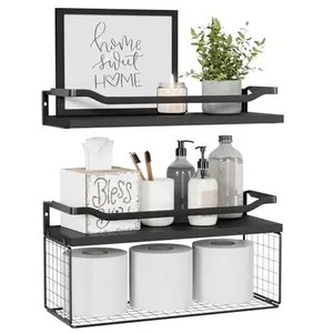 Floating Shelves with Wire Storage Basket - Bathroom Shelves Over Toilet with Protective Metal Guardrail, Wood Wall Shelves for Bathroom, Bedroom, Living Room - Black