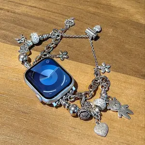 Fashion Metal Dual Chain Beaded Bear Pendant Compatible with Apple Watch Series 1-10, Perfect Gift for Parties, Banquets, Vacations, Daily Wear