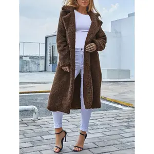 Women’s faux fur teddy coat—long sherpa jacket with lapel collar and side pockets—warm oversized winter outerwear for casual party wear; an essential style piece