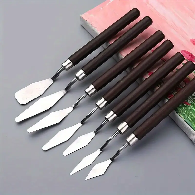 7-Piece Artist Palette Knife Set, Stainless Steel Blades, Comfortable Wood Handle, Multi-Use Tool for Oil & Acrylic Paints, Canvas Strokes, Art Materials, Art Painting Supplies