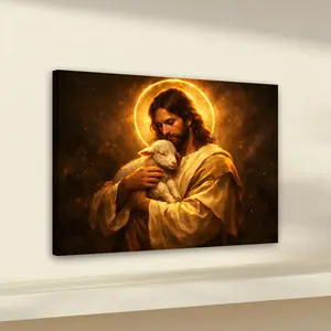 1pc Wooden Framed, Jesus With Lamb Christian Wall Art Canvas Painting, Good Shepherd Jesus Poster, Religious Jesus Christ Painting, Sacred Faith Artwork, Spiritual Wall Decor, Religious Decorations, Religious Home Decor, Ideal For Bathroom, Bedroom