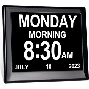 Day Date Time Clock for Seniors  3 Medication Reminders+ 5 Custom Reminders Digital Calendar Dementia Impaired Vision Memory Loss Clock(Black,8-inch)