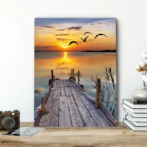 Sunset Landscape Nature Pattern Ocean Inspired Design Canvas Painting with Frame, 1 Count Wooden Framed Wall Art Vibrant Print Poster Print, Wall Decor for Home Living Room Bedroom Office Artwork