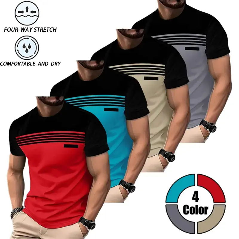 Men's Short-Sleeve T-Shirts (4-Pack) - Striped Panel, Stylish Round Neck Menswear Tops, Comfortable Breathable Fabric for Casual Summer Wear, Shortsleeve, Panel Stripes