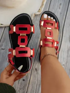 Women's Spring Summer Square Buckle Flat Heel Sandals Footwear, Comfy Footwear Sandals, Fashion Casual Style, Perfect for Everyday Daily Wear and Outdoor Activities, Flat Sandal Shoes