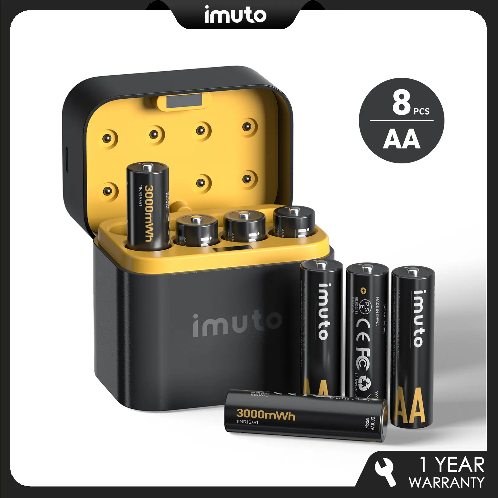 IMUTO 3000mWh AA Rechargeable Lithium Batteries 8-Pack with Fast Charger & Smart Dock, 1.5V High-Capacity Long-Lasting Power, Reliable Performance in All Weather & Travel-Friendly Design, LED Indicator, Eco-Friendly for Home, Toys, Flashlights & Gift Idea