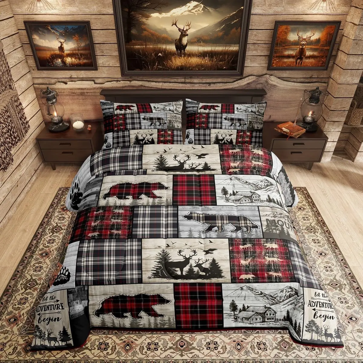 Feelyou Rustic Microfiber Bedding Set - Woodland Wolf Deer Bear Bed Comforter, Christmas Red Black Buffalo Plaid, Breathable Fabric, Multi-Size Lodge Mountain Quilt Bedding Set for Camping, Bedding Sets