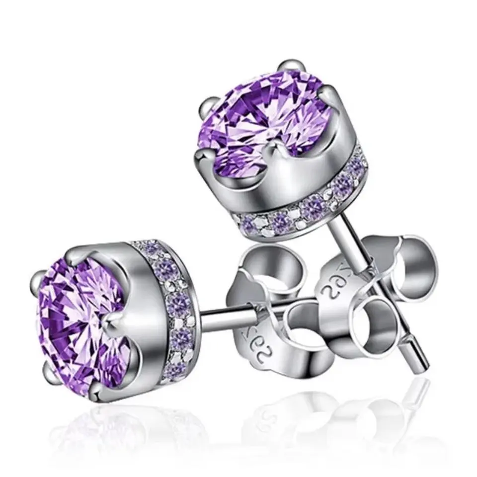 Women's 925 Sterling Silver Classic Crown-Shaped Purple Amethyst Stud Earrings, Crystal-Accented Designer Fashion Jewelry for Wedding Events