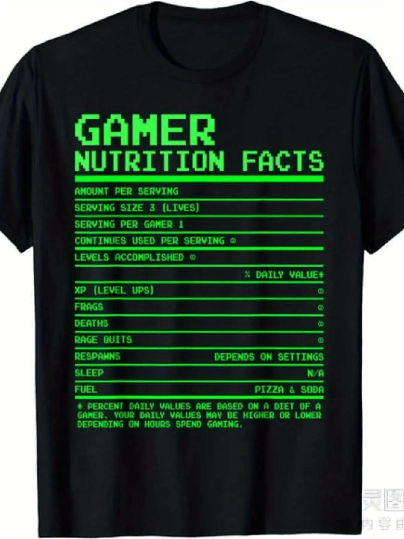 Gamer Nutrition Facts T-Shirt - Retro Video Game Label with, Sodium & Potassium - Funny Gaming Apparel for Teen & s - Unisex Casual Tee Suitable for Men and Women 220G
