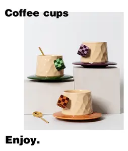 Nordic matte ceramic coffee cup and saucer set — creative 3D checkered Rubik’s cube handle tea mug, unique origami texture espresso cup with gold spoon, aesthetic café vibe gift (300 ml / 10 oz)