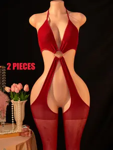 Women's Sexy Mesh Bodysuit, Stretchy Tight Fit, Sheer Teddy Lingerie, Exotic Nightclub Party Underwear, Elegant Evening Wear Style