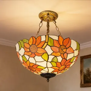 Tiffany-Style Chandeliers,16" Stained Glass Ceiling Pendant Light Fixtures for Living Room Bedroom Kitchen Hallway