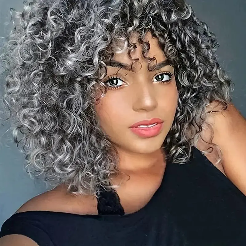 Premium Synthetic Short Loose Curly Wig Easy Throw-and-Go  | Fluffy Afro Hairpiece with Bangs for Women | Gorgeous Ombre & Highlights Available