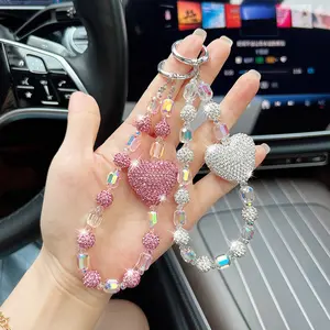 Creative Heart Crystal Beaded Phone Chain, Fashion Iridescent Crystal Car Key Ring, Elegant Bag Pendant Charm for Women & Girls