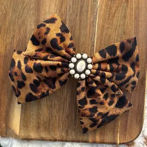 Short Leopard Western Hair Bows with Turquoise Western Charms for Stylish Outfits
