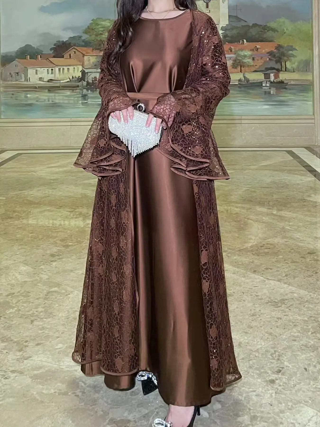 Women's Abaya & Plain Dress Set, Elegant Long Sleeve Open Front Abaya & Muslim Dress for Party Daily Wear, Ladies Islamic Clothing for All Seasons, Islamic Modesty Clothes, Modest Muslim Outfits, Modesty Abaya, Loose Abayas, New Abaya Trend Lace