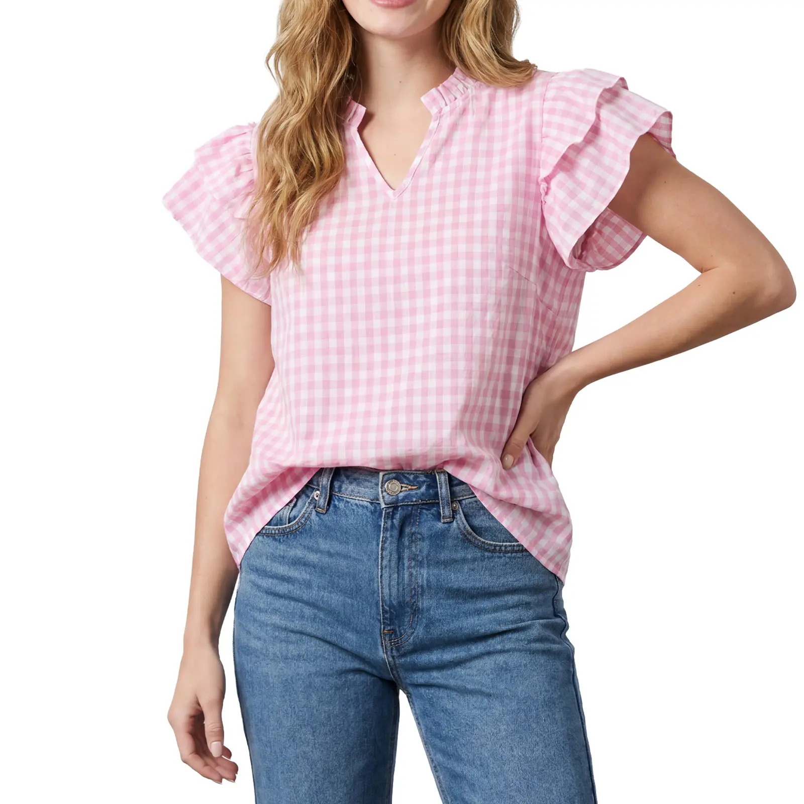 Shewin Women's V-Neck Short Sleeve Plaid Woven Cotton Fabric Tops - Breathable Ruffle Details, Everyday Casual Wear () DealsForYouDays,summerwins,summeroutfits,vacationoutfits,beachoutfits Shirts Shortsleeve,back to school,back to school shopping